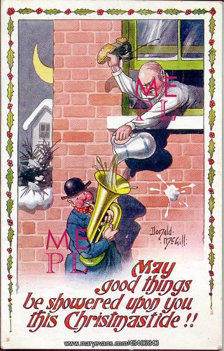 : Christmas postcard, Man silences tuba player : Christmas postcard, Man silences tuba player