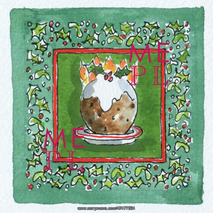  : Christmas Pudding with border of holly and mistletoe