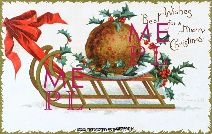 : Christmas Pudding being pulled along atop a wooden sled : Christmas Pudding being pulled along atop a wooden sled