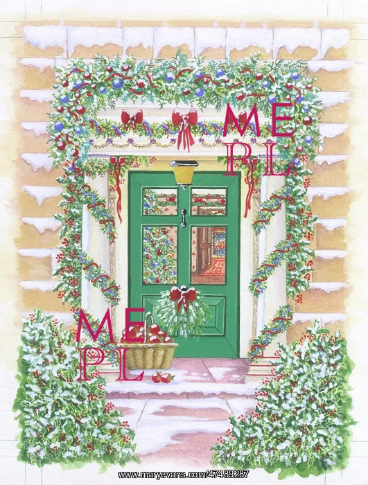 : Christmas scene with green front door : Christmas scene with green front door