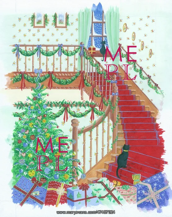 : Christmas Staircase with red carpet : Christmas Staircase with red carpet