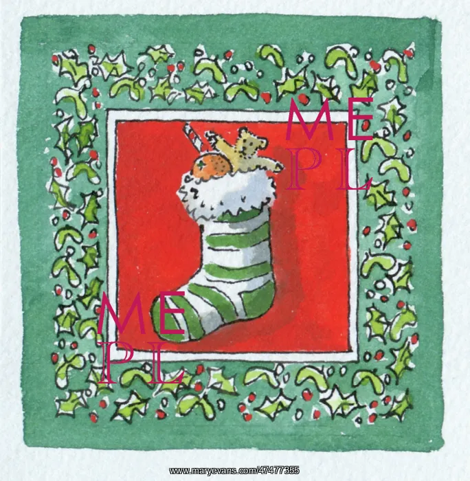  : Christmas Stocking with border of holly and mistletoe