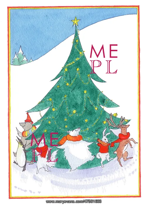 : Christmas tree with animals dancing round : Christmas tree with animals dancing round