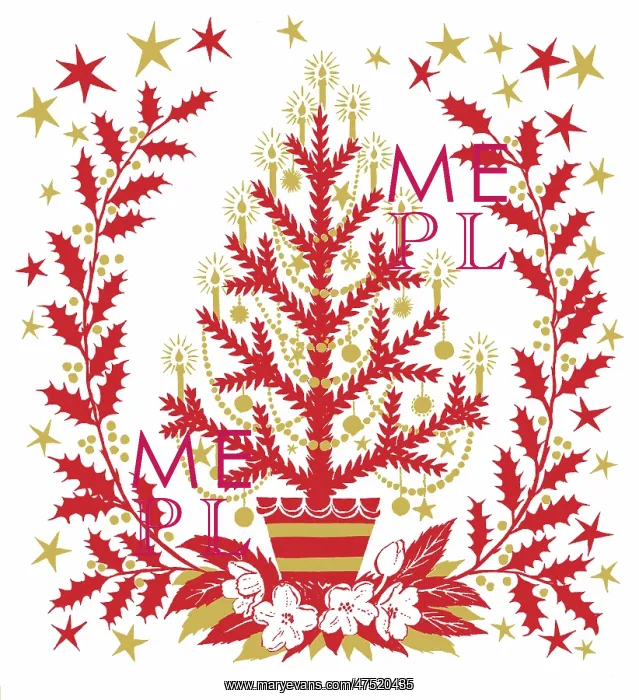 : Christmas tree with holly and stars : Christmas tree with holly and stars