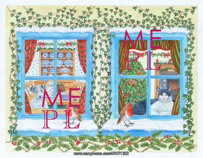  : Two Christmas Windows with dog and cat