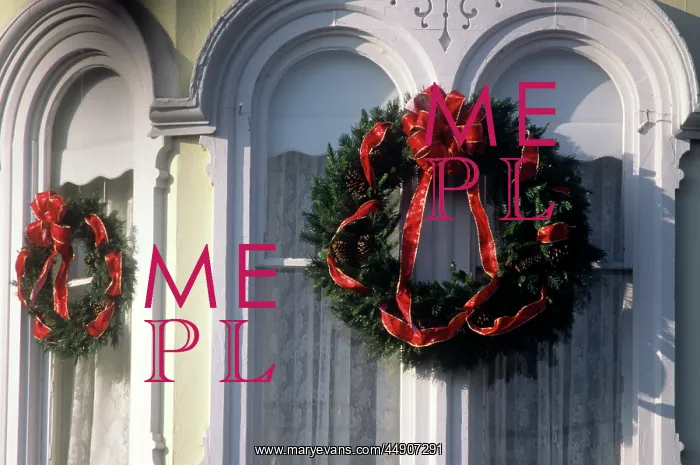 : Christmas wreaths with red bow on : Christmas wreaths with red bow on