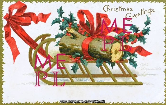 : Christmas Yule Log being pulled along atop a wooden frame : Christmas Yule Log being pulled along atop a wooden frame