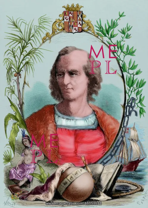 : Christopher Columbus (1451-1506). Engraving. Colored : Christopher Columbus (1451-1506). Engraving. Colored
