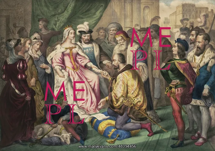 : Christopher Columbus kneeling in front of Queen Isabella I : Christopher Columbus kneeling in front of Queen Isabella I