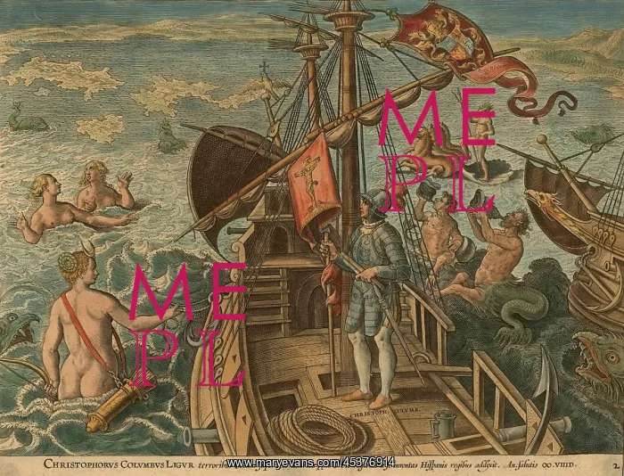: Christopher Columbus stands on a ships deck : Christopher Columbus stands on a ships deck