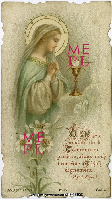 : Chromolithograph Devotional Card - Mary with Communion Cup : Chromolithograph Devotional Card - Mary with Communion Cup