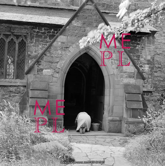 : Church. Rear view of a woman with a bucket kneeling down : Church. Rear view of a woman with a bucket kneeling down