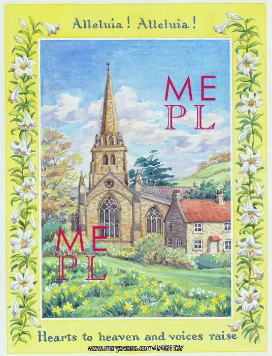 : Church and cottage and bank of daffodils : Church and cottage and bank of daffodils