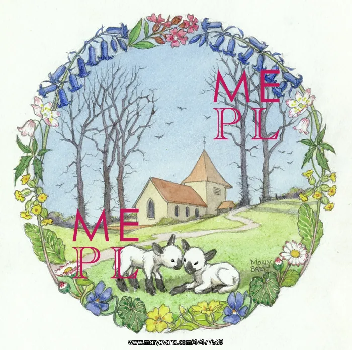 : Church and two lambs within a circle of flowers : Church and two lambs within a circle of flowers