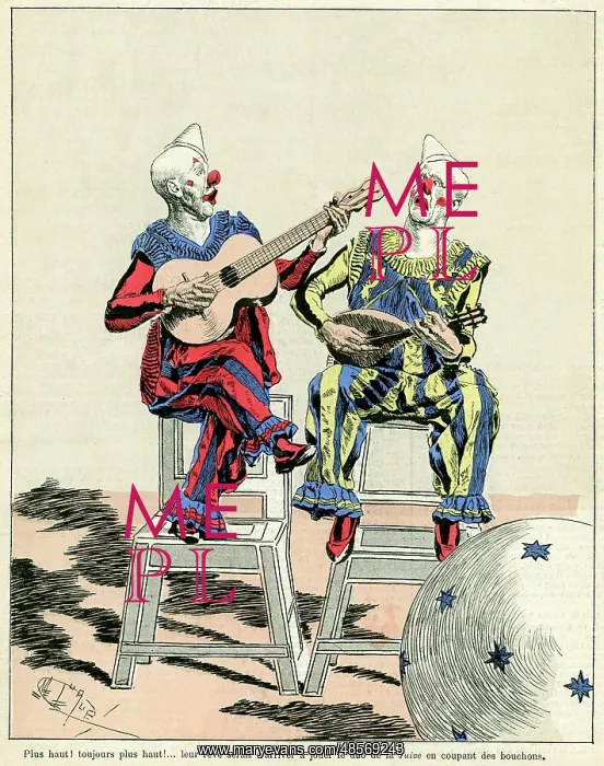 : At the circus, two clowns playing musical instruments 1888 : At the circus, two clowns playing musical instruments 1888
