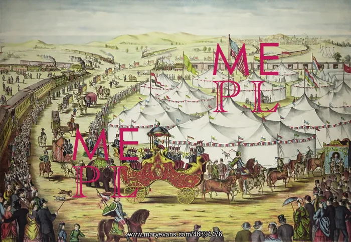 : Circus parade around tents, with crowd watching : Circus parade around tents, with crowd watching