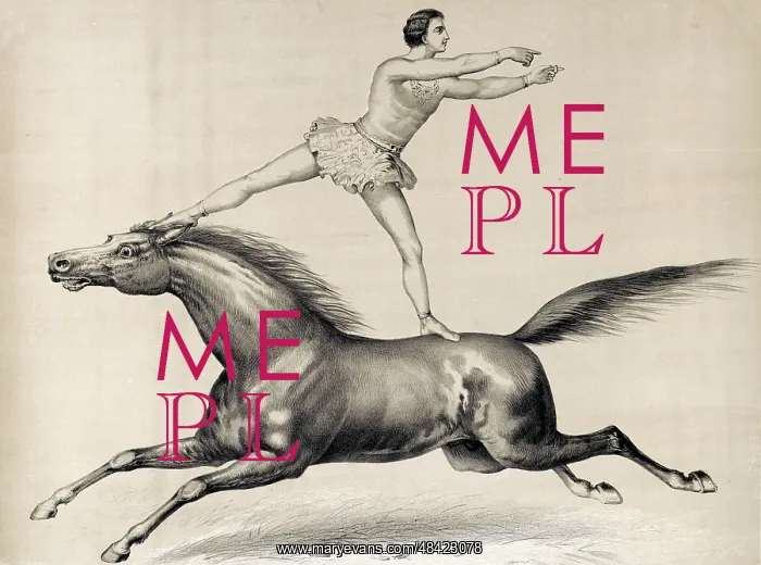 : Circus performer standing and riding on a bareback horse : Circus performer standing and riding on a bareback horse