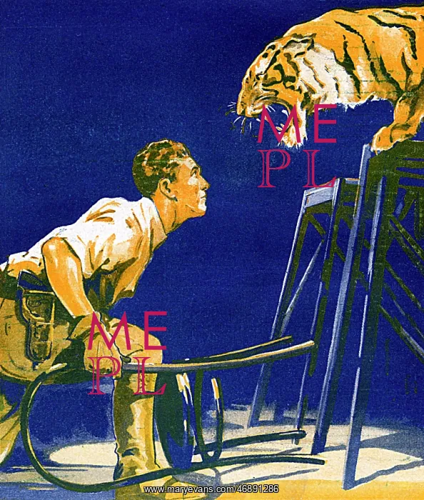 : Circus tamer with fierce tiger : Circus tamer with fierce tiger
