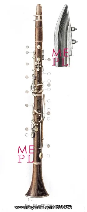 : Clarinet-showing open and closed holes and keys, with cross-section of the mouthpiece : Clarinet-showing open and closed holes and keys, with cross-section of the mouthpiece