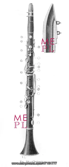 : Clarinet-showing open and closed holes and keys, with cross-section of the mouthpiece : Clarinet-showing open and closed holes and keys, with cross-section of the mouthpiece