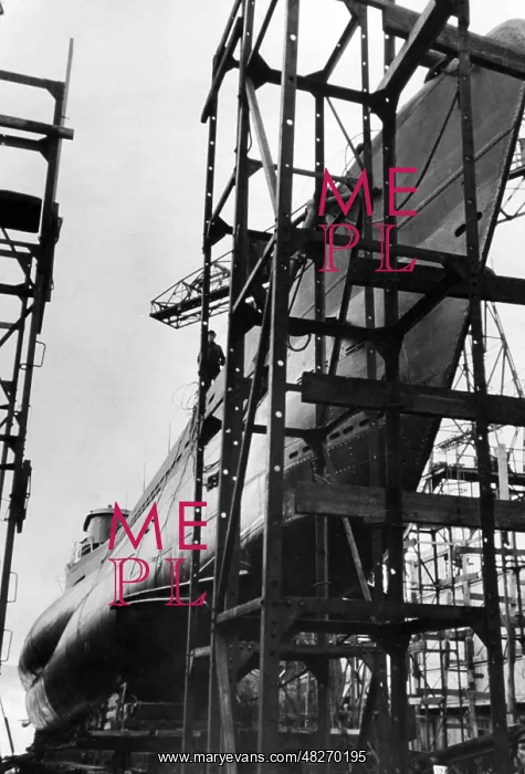 : A Class VII submarine on the slipway, 1943 : A Class VII submarine on the slipway, 1943