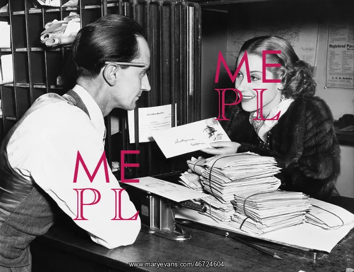 : Clerk with woman mailing letter : Clerk with woman mailing letter