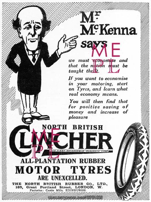 : Clincher tyres advertisement, WW1 - Reginald McKenna : Clincher tyres advertisement, WW1 - Reginald McKenna