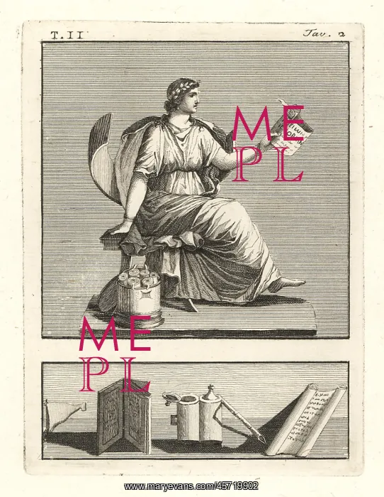 : Clio, Roman muse of history, reading a scroll : Clio, Roman muse of history, reading a scroll