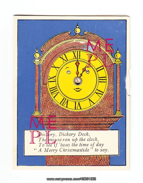 : Clock with nursery rhyme on a Christmas card : Clock with nursery rhyme on a Christmas card