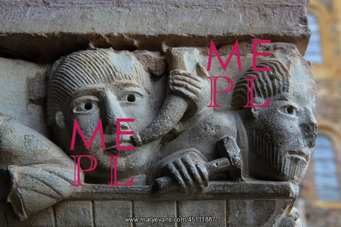 : Cloister capital with monks building, Abbatiale : Cloister capital with monks building, Abbatiale