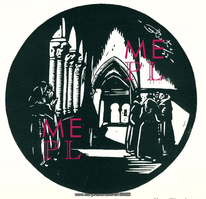 : Cloisters. A linoleum cut of an interior scene, showing groups of priests conversing : Cloisters. A linoleum cut of an interior scene, showing groups of priests conversing