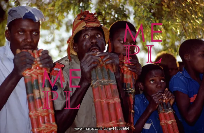 : Close-up of Nyanga panpipe player at Matambo 1, Nyanga : Close-up of Nyanga panpipe player at Matambo 1, Nyanga