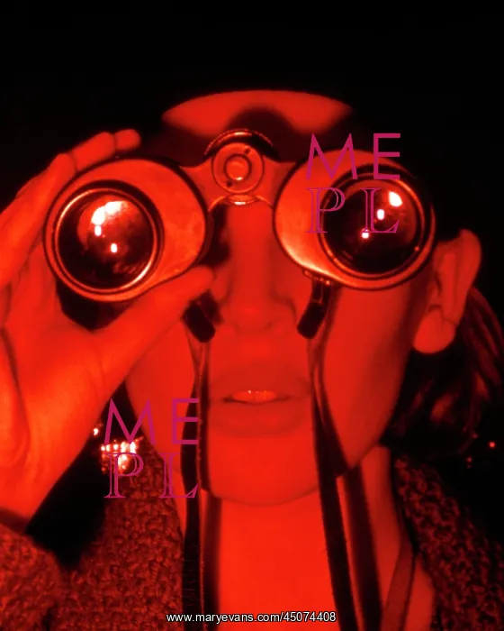 : Close-Up Woman Looking Through Binocular Red Orange Filter : Close-Up Woman Looking Through Binocular Red Orange Filter