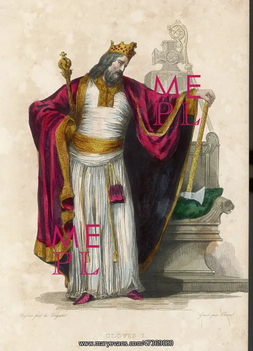 : CLOVIS I, KING OF THE FRANKS standing by a throne : CLOVIS I, KING OF THE FRANKS standing by a throne