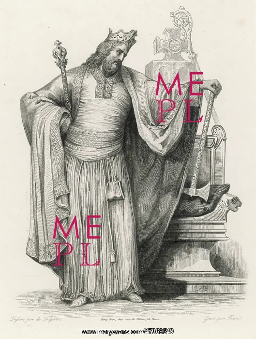 : CLOVIS I, KING OF THE FRANKS, standing by a throne : CLOVIS I, KING OF THE FRANKS, standing by a throne
