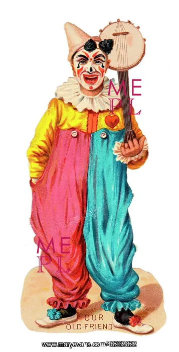 : Clown with banjo on a Victorian scrap : Clown with banjo on a Victorian scrap