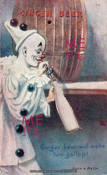 : Clown with barrel on a comic greetings card : Clown with barrel on a comic greetings card