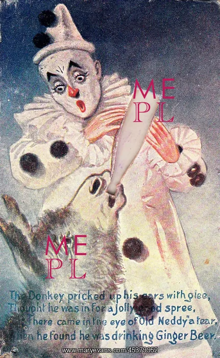 : Clown with donkey and bottle on a comic greetings card : Clown with donkey and bottle on a comic greetings card