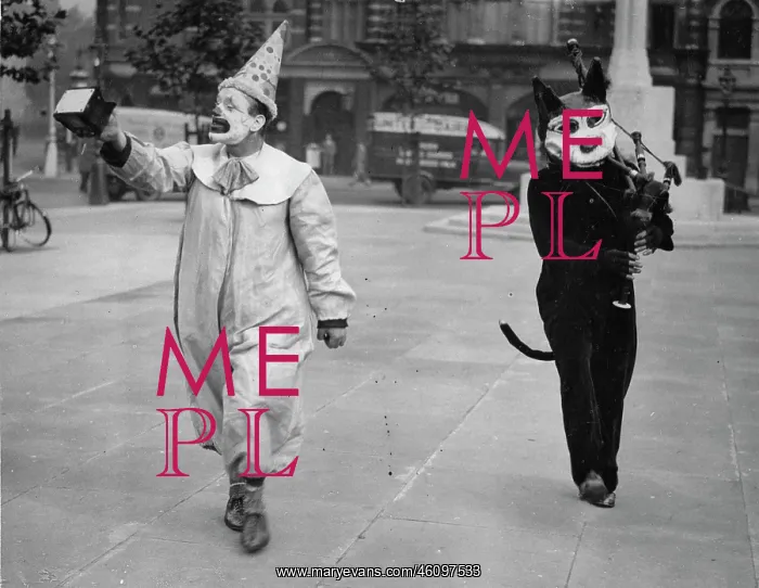: A clown and a dressed bagpipe player : A clown and a dressed bagpipe player