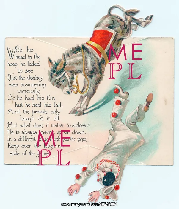 : Clown falling from a donkey on a greetings card : Clown falling from a donkey on a greetings card
