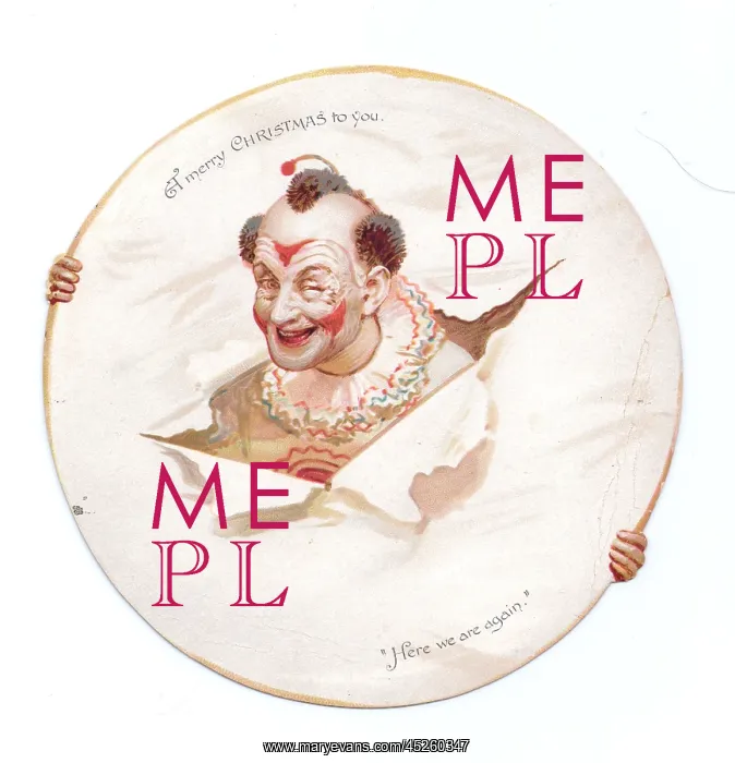 : Clown with head through paper on a Christmas card : Clown with head through paper on a Christmas card