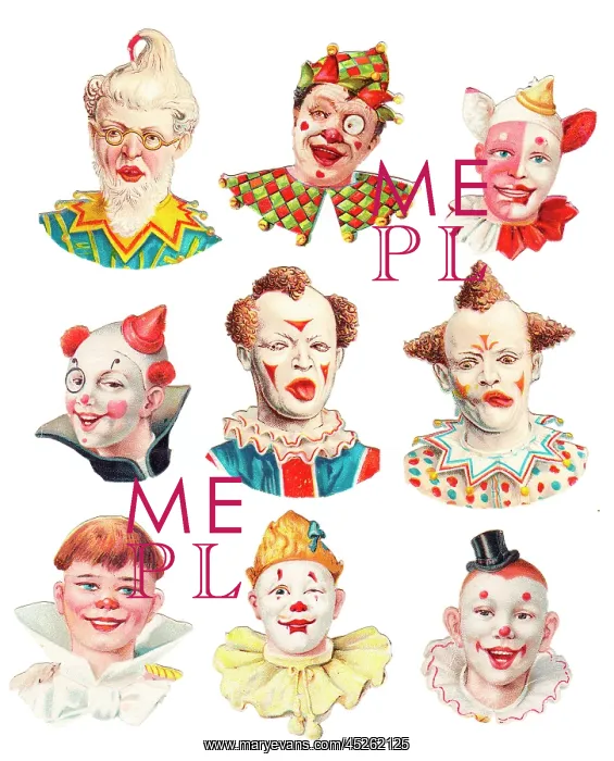  : Clown heads on nine Victorian scraps
