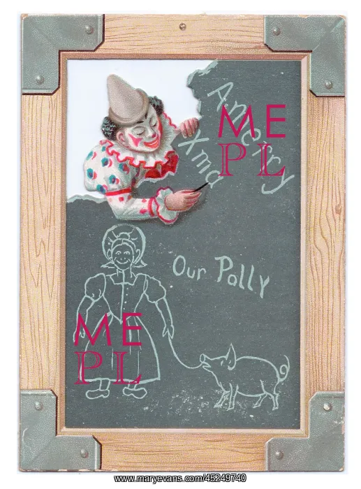 : Clown writing on a slate on a Christmas card : Clown writing on a slate on a Christmas card