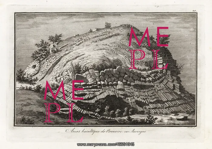 : Cluster of basalt prisms near St Sanduox, 18th century : Cluster of basalt prisms near St Sanduox, 18th century