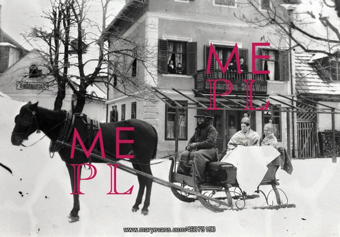 : Coach driver with sleigh and two women with : Coach driver with sleigh and two women with