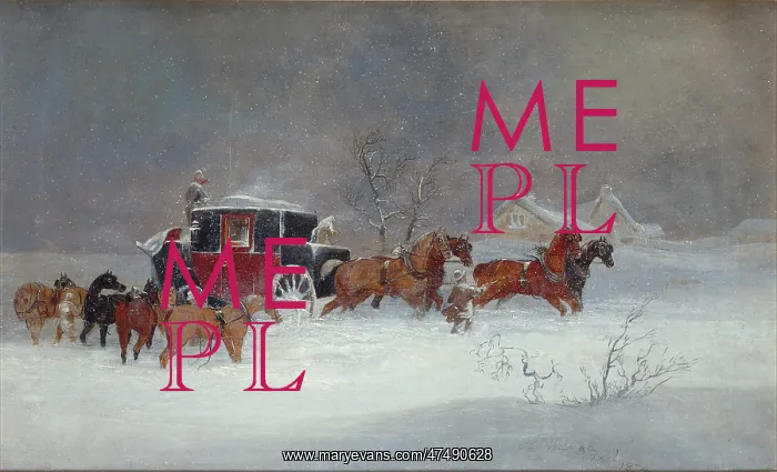: Coach and Horses in the snow moving to right : Coach and Horses in the snow moving to right