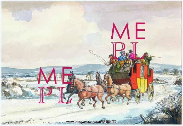: Coach and four on lane in a snowy landscape : Coach and four on lane in a snowy landscape