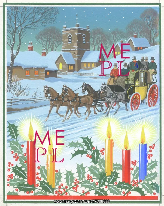 : Coach in snow by village with candles : Coach in snow by village with candles
