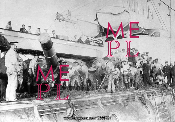 : Coal takeover aboard a German warship, 1902 : Coal takeover aboard a German warship, 1902