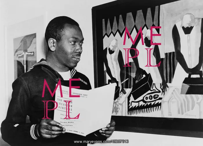 : Coast Guardsman Jacob Lawrence, with his paintings : Coast Guardsman Jacob Lawrence, with his paintings